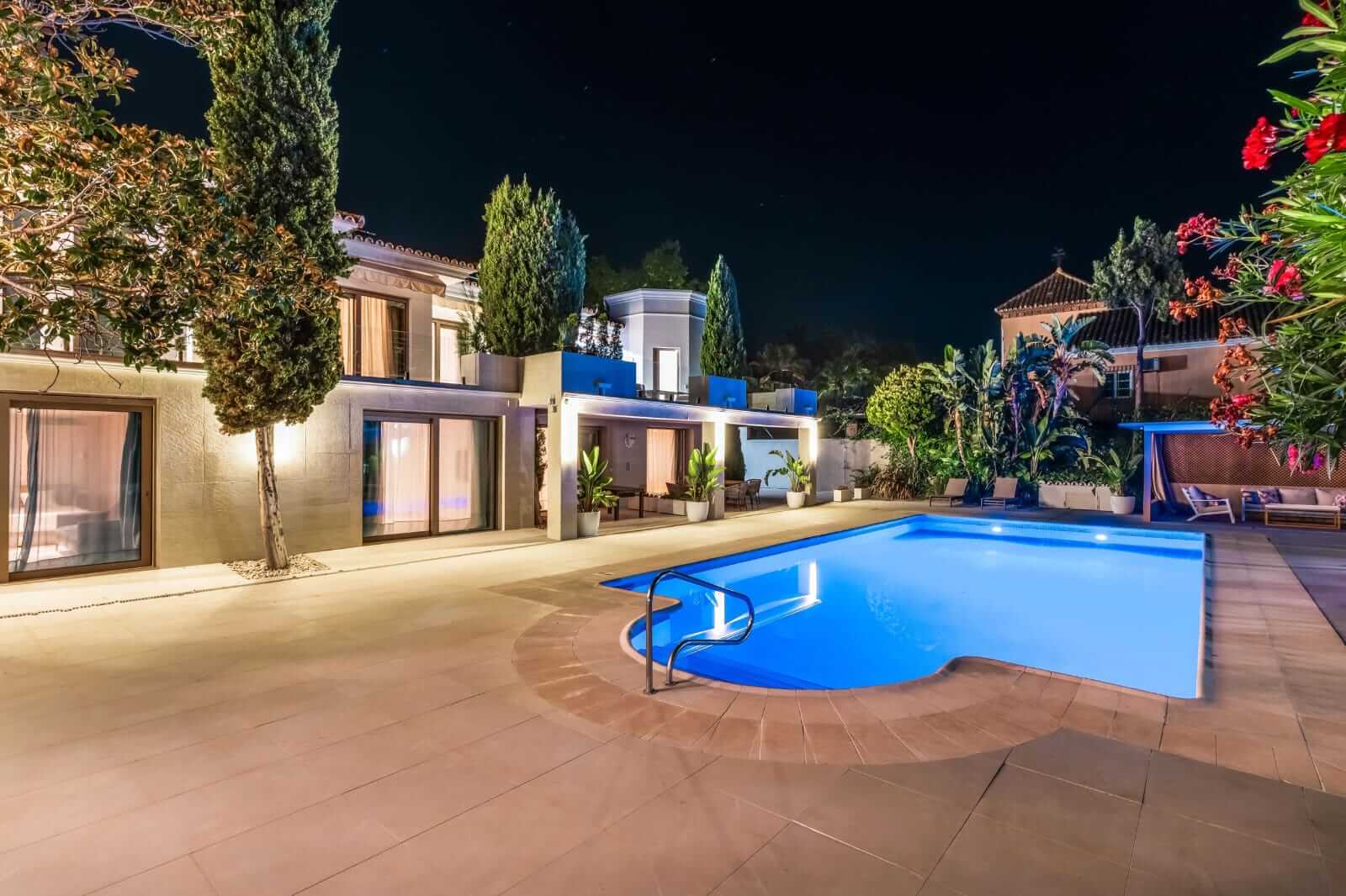Evening view of the villa's pool